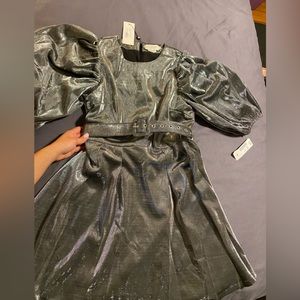 Never worn. Gun metal, woven metallic minidress. Puffed sleeves. Cinched waist.